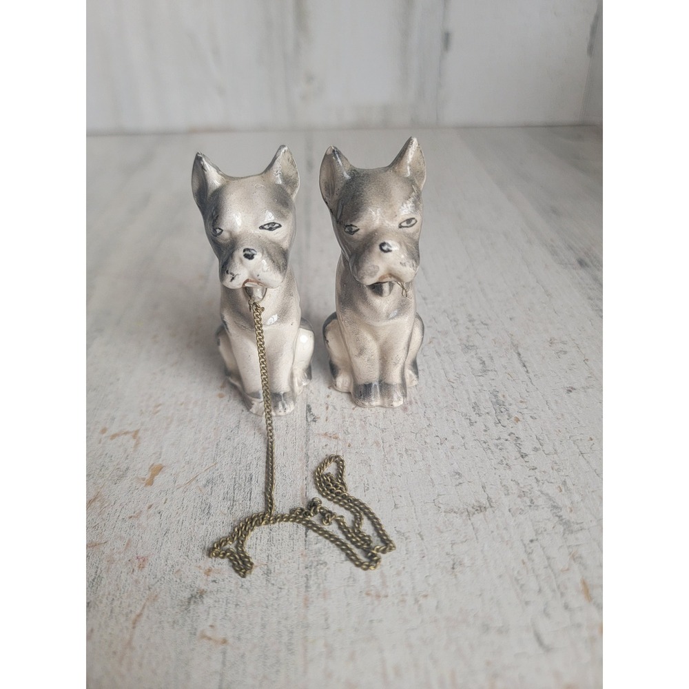 Vintage pit bull mini dog chain ceramic puppy home decor figure set unique‎